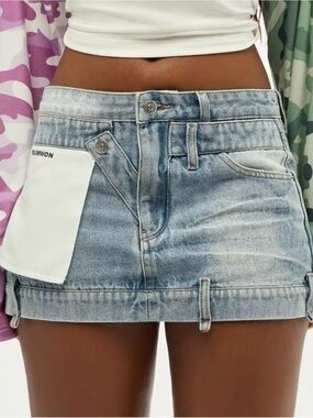 Light Washed Denim Mini Skort with White Pocket